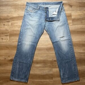 Diesel Larkee Jeans Men 36x32‎ Blue Straight Leg Light Wash Distress Denim 0805B